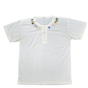 Vintage White Cotton Embroidered Henley Top With tropical Animal embroidery XL